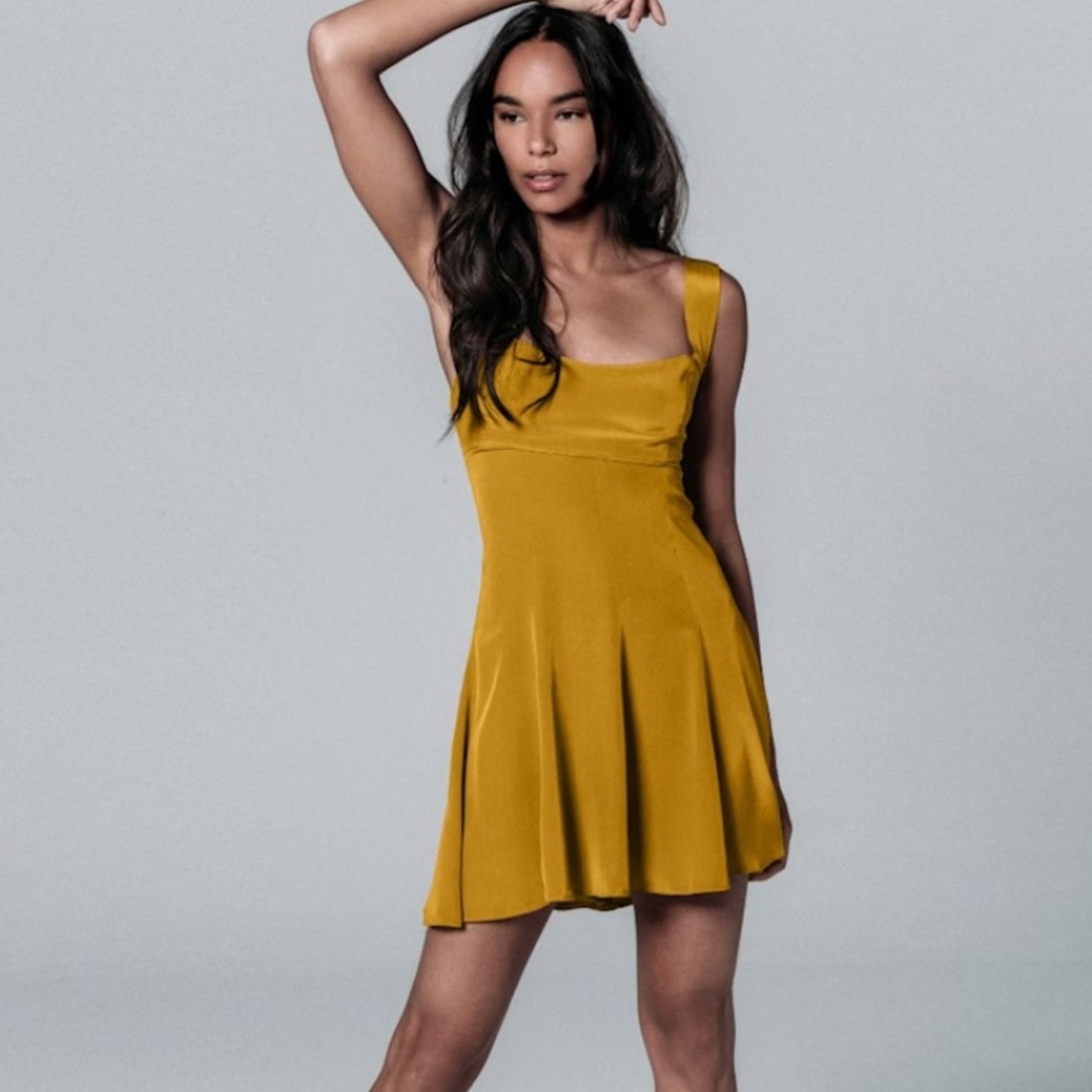 Lily Phellera 100% Silk Omahyra Satin Dress In Mustard Seed Mini - Picture 3 of 8